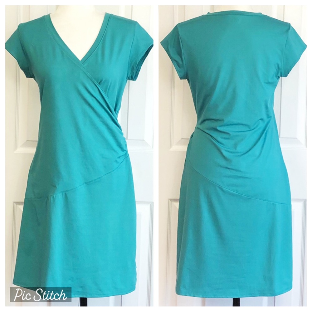 Athleta Sporty Light Teal Cap Sleeve Ruched Faux Wrap Nectar Dress MP